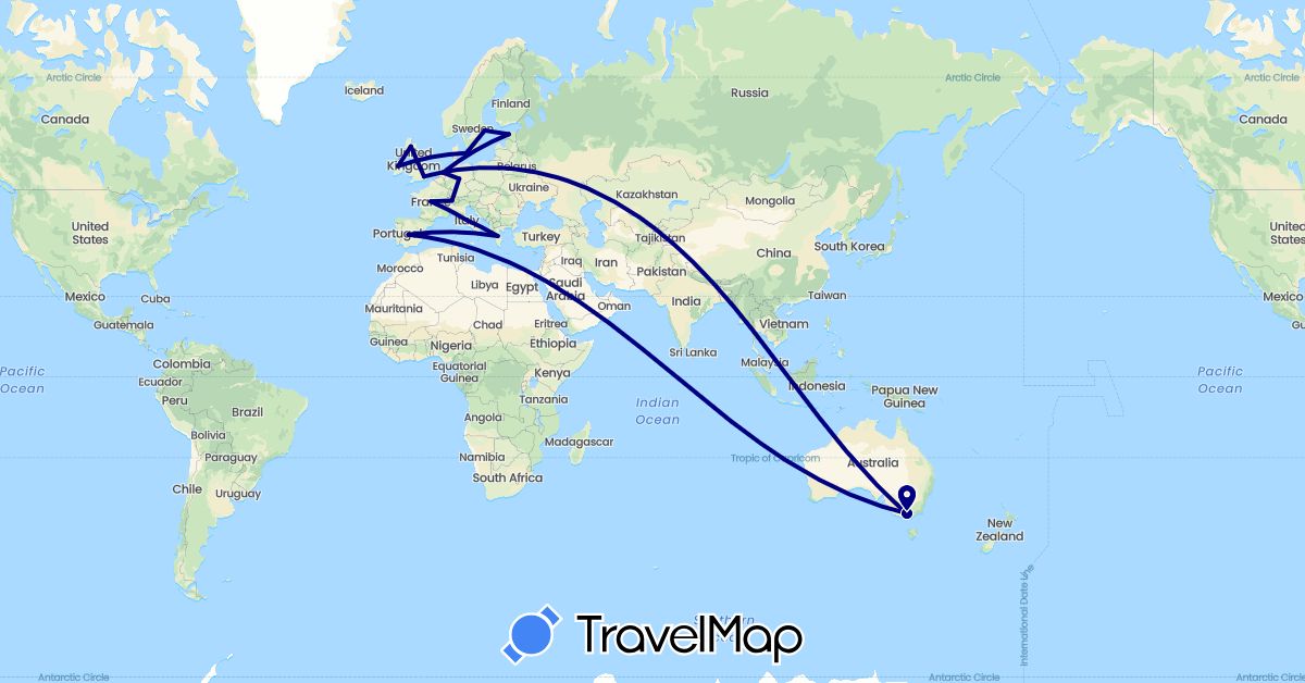 TravelMap itinerary: driving in Australia, Switzerland, Germany, Denmark, Estonia, Spain, France, United Kingdom, Greece, Ireland, Italy, Netherlands, Sweden (Europe, Oceania)